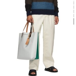 Marni Green and White Leather Tote with Structured Design